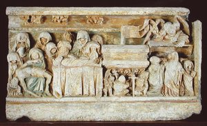 Relief, das Szenen aus der Passion Christi zeigt: Pieta, die Grablegung und die Heiligen Frauen am Grab von French School