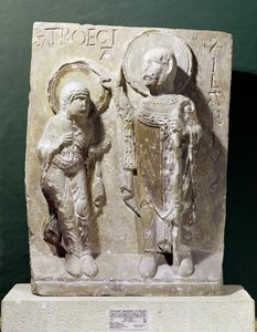 Relief, das den heiligen Hilarius von Poitiers (320-368) zeigt, wie er den heiligen Triaise segnet, ca.1150 von French School