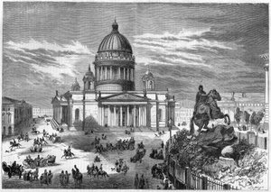 Religiöse Architektur: Ansicht der orthodoxen Kirche des Heiligen Isaak (1819-1858) in Sankt Petersburg (Sankt Petersburg) in Russland, erbaut nach den Plänen des Architekten Ricard de Montferrand (1786-1858). Rechts ist die Reiterstatue von Peter dem Groß von French School