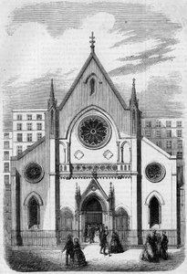 Religiöse Architektur: Ansicht der Fassade des Tempels für Amerikaner in Paris, Rue de Berry, im Jahr 1857. Gebäude erbaut von Architekt Mr. Salmon. Gravur in „Le Monde Illustré“ Nr. 33 vom 28. November 1857.
