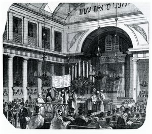Religiöse Zeremonie in der alten Pariser Synagoge für Rosch Haschana, Illustration aus Le Tableau de Paris von Edmond Texier, veröffentlicht in Paris, 1852