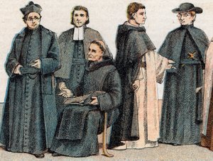 Religiöse Kostüme: von links nach rechts Porträt eines Jesuiten, eines Maristenbruders (Marcellin Champagnat), eines Benediktinermönchs, eines Dominikanermönchs und eines Oblaten