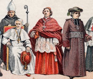 Religiöse Kostüme: Ein Bischof mit Mitra und Bischofsstab, Papst Leo XIII. sitzend, ein Kardinal in Prälatengewand von French School