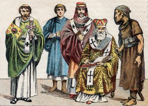 Religiöse Kostüme in der Antike: von links nach rechts Porträt eines byzantinischen Diakons, eines christlichen Priesters des ersten Jahrhunderts, eines Bischofs im 5. Jahrhundert, eines byzantinischen Patriarchen und eines Anachoreten von French School