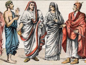 Religiöse Kostüme in der Antike: von links nach rechts Porträt eines griechischen Priesters, eines Opferritualministers, eines Pontifex Maximus im antiken Rom, einer Vestalin, einer Priesterin des antiken Rom und eines Flamen von French School