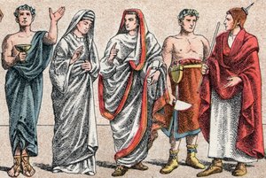 Religiöse Kostüme in der Antike: Porträt eines griechischen Priesters, Opferdiener, einer Vestalin, Priesterin des antiken Rom und eines Großen Pontifex im antiken Rom (Pontifex maximus), eines Popa und eines Flamino (Flamen) römischer Priester, der dem Ku von French School