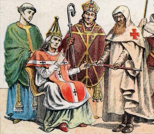 Religiöse Kostüme im Mittelalter: von links nach rechts ein Priester des 10. Jahrhunderts, ein Papst im 11. Jahrhundert, ein Bischof im 12. Jahrhundert und ein Mitglied des Ordens der Hospitaliter von French School