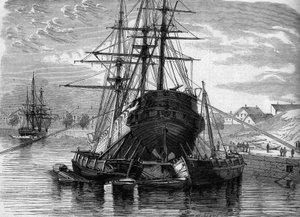 Reparatur eines Schiffes (des Dampfers „Vera Cruz“): Wir heben das Heck an, um die Schraube freizulegen. 1863. Gravur in „Le Monde Illustré“ Nr. 320 vom 30. Mai 1863
