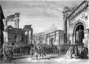 Darstellung einer Oper: „Rienzi“ von Richard Wagner (1813-1883). Szene aus dem dritten Akt (das Forum). Paris, Theatre Lyrique von French School