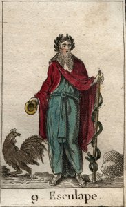 Darstellung von Asklepios, Gott der Medizin, er hält einen Stab des Asklepios (Laubabwerfend), einen Pilgerstab, um den sich eine Schlange windet, Symbol des Wissens. (Der Gott der Medizin, Asklepios, hält einen Stab des Asklepios) von French School