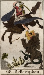 Darstellung von Bellerophon, der auf Pegasus die Chimäre tötet. Aus „Mythologie der Jugend“ von Pierre Blanchard 1803 von French School