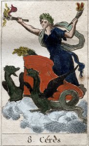 Darstellung von Ceres auf ihrem Wagen, Göttin der Landwirtschaft, Ernte und Fruchtbarkeit. Aus „Mythologie de la jeunesse“ von Pierre Blanchard 1803. von French School