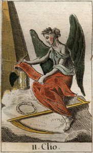 Darstellung von Clio, Muse der Geschichte, als junges Mädchen mit Lorbeerkranz, das eine Papyrusrolle hält, um historische Fakten aufzuzeichnen. Aus „Mythologie der Jugend“
