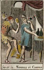 Darstellung von Komus, Gott der Gourmets und der Küche, er leitet Feste, dargestellt lehnt er sich an einen Pfahl mit einer Fackel und Momos, Personifikation des Spottes und Sarkasmus, dargestellt als Hofnarr. Aus 