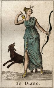 Darstellung von Diana, Göttin der Jagd, sie hält einen Bogen und Pfeile. Aus „Mythologie der Jugend“ von Pierre Blanchard 1803.