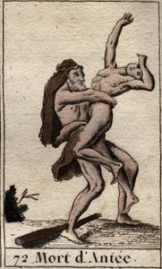 Darstellung von Herkules, der Ante, König von Libyen, besiegt (Herakles (Herkules) tötet Antäus mit einem Bärenumarmung). Aus „Mythologie der Jugend“ von Pierre Blanchard 1803. von French School