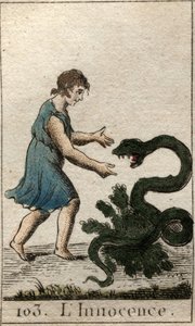 Darstellung der Unschuld als Kind, das eine gefährliche Schlange füttert. Aus „Mythologie der Jugend“ von Pierre Blanchard 1803 von French School