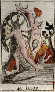 Darstellung von Ixion, bestraft von den Göttern, er ist dazu verurteilt, an ein brennendes Rad gekettet zu sein, das sich endlos dreht. Aus „Mythologie der Jugend“ von Pierre Blanchard 1803. von French School