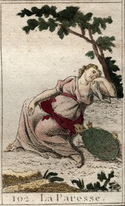 Darstellung der Faulheit, Tochter der Nacht und des Schlafes, als junger Mann mit einer Schildkröte. Aus „Mythologie der Jugend“ von Pierre Blanchard 1803 von French School
