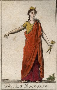 Darstellung der Notwendigkeit als unbeugsame Frau, Tochter des Schicksals, mit bronzenen Händen. Aus „Mythologie der Jugend“ von Pierre Blanchard 1803 von French School
