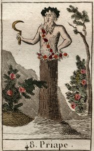 Darstellung von Priapus, Gott der Fruchtbarkeit, oft dargestellt mit einem permanent erigierten Penis, er hält eine Sichel. Aus „Mythologie der Jugend“ von Pierre Blanchard 1803.