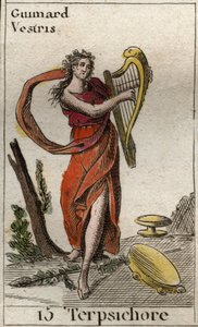 Darstellung von Terpsichore, Muse des Tanzes, die eine Lyra hält. Aus „Mythologie der Jugend“ von Pierre Blanchard 1803 von French School