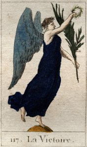 Darstellung des Sieges, geflügelte Frau mit einem Olivenzweig und einem Lorbeerkranz. Aus „Mythologie der Jugend“ von Pierre Blanchard 1803 von French School
