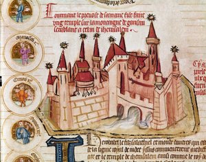 Darstellung einer befestigten Stadt ähnlich der von Jerusalem. Seite aus dem Manuskript Genealogie der Bibel der französischen Schule. 14. Jahrhundert. Cremona, Biblioteca Governativa von French School