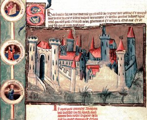 Darstellung einer befestigten Stadt in der Region Straßburg. Miniatur auf Pergamentrolle „Genealogie der Bibel“ (ms.199) 14. Jahrhundert Cremona, Biblioteca Governativa von French School