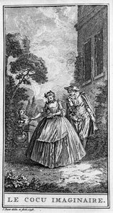 Darstellung einer Szene aus dem Stück „Sganarelle ou le cuckold imaginaire“ (1660) von Jean Baptiste Poquelin genannt Moliere (1622-1673). Gravur von 1738. von French School