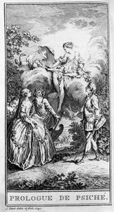 Darstellung einer Szene aus dem Stück „Prologue de Psyche“ von Jean Baptiste Poquelin genannt Moliere (1622-1673). Gravur von 1740. von French School