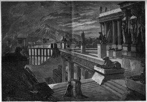 Darstellung einer Oper: „Herculanum“ auf einem Libretto von Joseph Méry (1798-1866) und T. Hadot und Musik von Félicien David (1808-1876). Die Stadt Herculanum zur Zeit ihrer Zerstörung während des Ausbruchs des Vesuvs (letzte Szene des 5. Akts). von French School