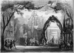 Darstellung einer Oper: Bühnenbild des 1. Akts von „Le Chateau Trompette“, basierend auf einem Libretto von Eugene Cormon (1811-1903) und Michel Carre (1822-1872), und einer Musik von Francois Auguste Gevaert (1828-1908). Paris, Opera Comique von French School