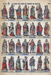 Darstellung der Könige und Königinnen Frankreichs aus der Kapetinger-Dynastie (von Ludwig VII. bis Karl VIII.). Illustration Ende des 19. Jahrhunderts. von French School