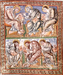 Darstellung von sechs Aposteln, karolingische Miniatur der Schule von Reims aus der Collectio Canon Hadriana (Ms A-5 f. 14 v) (wahrscheinliche Sammlung von Dekretalen, verfasst von Incmar von Reims) Ende des 9. Jahrhunderts. Biblioteca Vallicelliana, Rom