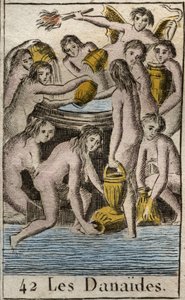 Darstellung der Danaiden, Töchter des Königs Danaos, die zur Unterwelt verurteilt wurden, um endlos ein bodenloses Fass zu füllen, weil sie ihre Cousins und Ehemänner getötet haben. Aus „Mythologie der Jugend“ von Pierre Blanchard 1803.