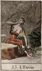 Darstellung des Neids, verkörpert durch eine alte Frau, die Schlangen hält, während eine andere Frau an ihrer Brust nagt. Aus „Mythologie der Jugend“ von Pierre Blanchard 1803. von French School