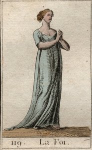 Darstellung des Glaubens, Frau in Weiß gekleidet mit gefalteten Händen. Aus „Mythologie der Jugend“ von Pierre Blanchard 1803
