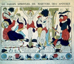 Darstellung der Märtyrer der Apostel Saint James, Saint Philip, Saint Barthelemy und Saint Jude. Gravur des 19. Jahrhunderts. Paris, Museum der Volkskunst und Traditionen
