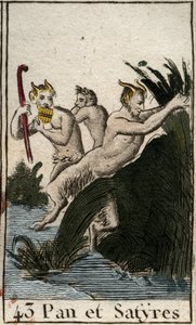 Darstellung des ländlichen Gottes Pan und Satyrn. Er hat behaarte Schenkel, Ziegenfüße und spielt Flöte (Syrinx). Aus „Mythologie der Jugend“ von Pierre Blanchard 1803 von French School