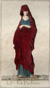 Darstellung der Gottheit der Bescheidenheit, einer jungen Frau mit einem Schleier bedecktem Gesicht. Aus „Mythologie der Jugend“ von Pierre Blanchard 1803 von French School