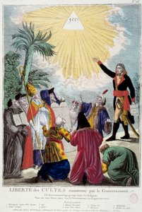 Darstellung der Religionsfreiheit aller Religionen, aufrechterhalten von Napoleon Bonaparte: der erste Konsul zeigt das Dreieck der Dreifaltigkeit, das Gott symbolisiert, vertreten durch die Vertreter jeder Religion: katholischer Bischof, ein Jude, ein Quä