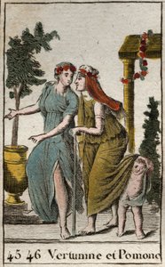 Darstellung des Gottes des Herbstes Vertumnus und Pomona, Nymphe der Früchte und des Gartens. Vertumnus nimmt das Aussehen einer alten Frau an, um Pomona zu verführen. Aus „Mythologie der Jugend“ von Pierre Blanchard 1803