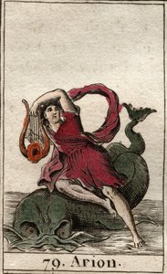 Darstellung des legendären griechischen Dichters Arion von Methymne, der die Delfine mit seiner Kithara bezaubert. Aus „Mythologie der Jugend“ von Pierre Blanchard 1803 von French School