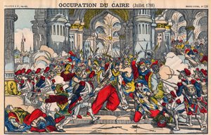 Darstellung des Aufstands der Einwohner von Kairo gegen die französische Besatzung unter der Führung von Bonaparte am 21. Oktober 1798. Epinal-Bild. von French School