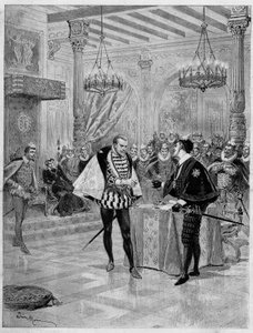 Theateraufführung: Szene des IV. Aktes von „Henri III et sa cour“ von Alexandre Dumas (1802-1870) an der Comédie-Française in Paris