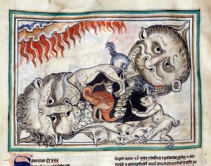 Darstellungen der Kreaturen der Unterwelt, die die Verdammten schlagen. Miniatur aus Die Apokalypse von Cambrai, illuminiert von der französischen Schule des 13. Jahrhunderts. Ms. 422. Stadtbibliothek, Cambrai von French School