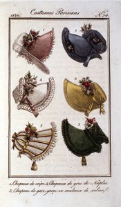 Restaurationsmode: verschiedene Modelle von Hüten für Frauen in Krepp, Gaze, Samt. Gravur von 1820