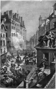Revolution von 1830: Kampf im Faubourg Saint Antoine. Gravur in „Geschichte der Päpste-Könige-Königinnen und Kaiser durch die Jahrhunderte“ von Maurice Lachatre von French School