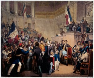 Revolution von 1848. Die Herzogin von Orleans erscheint in der Abgeordnetenkammer (Nationalversammlung) mit ihren Kindern, um die Regentschaft zu erlangen (24. Februar). von French School